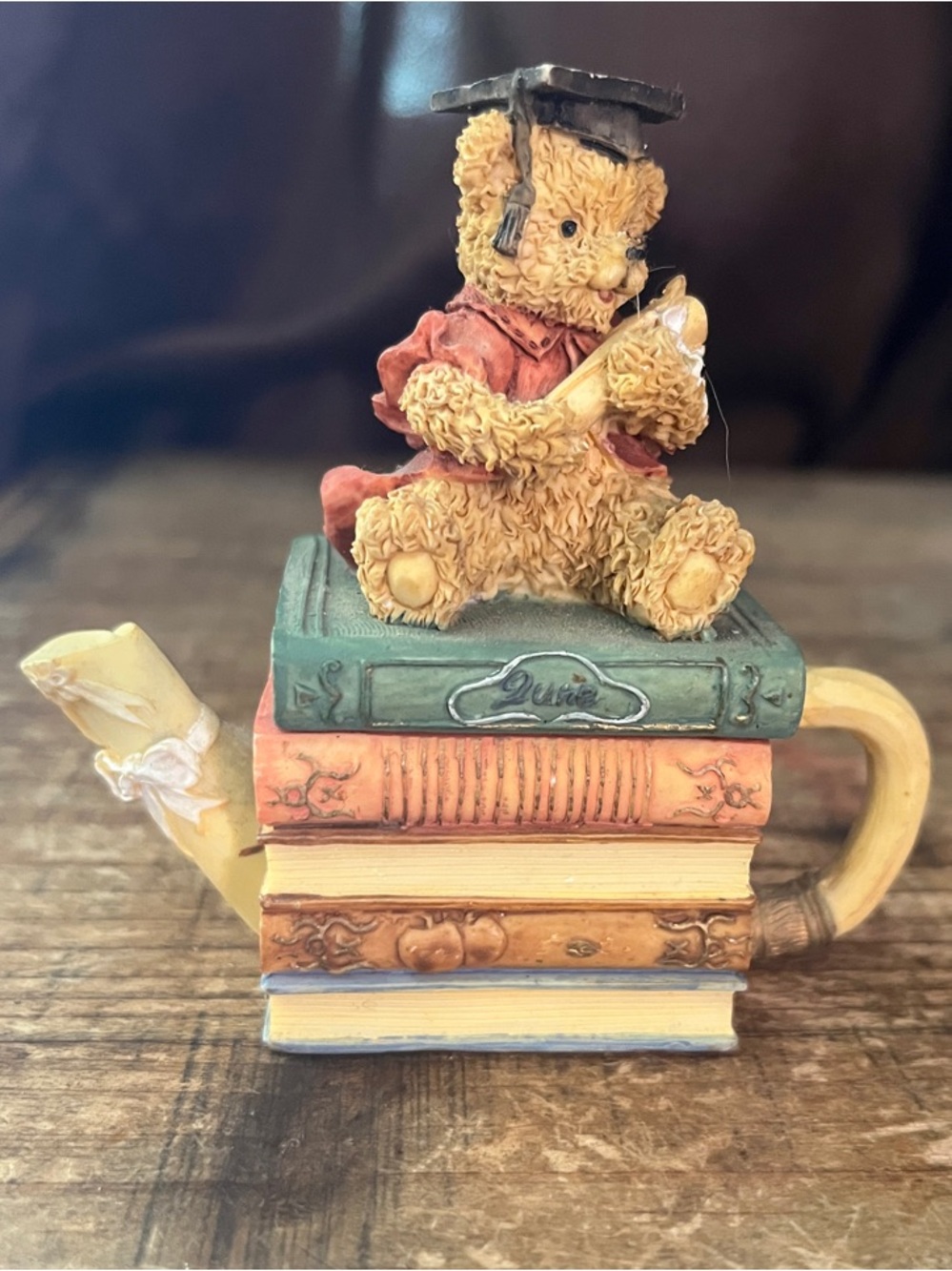 June Teddy Graduate Book Stack Teapot Trinket Box - Multicolor